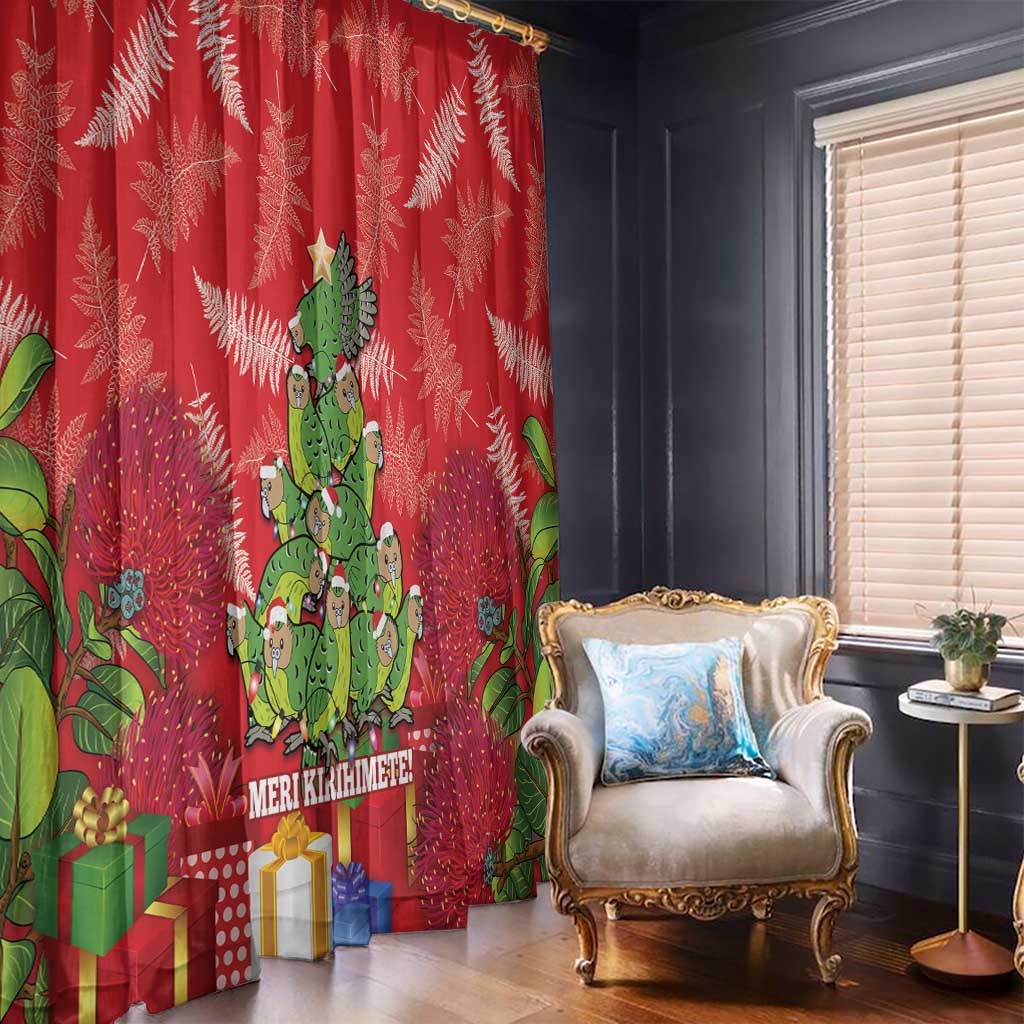 Kakapo New Zealand Christmas Window Curtain Meri Kirihimete Pohutukawa - Red Color