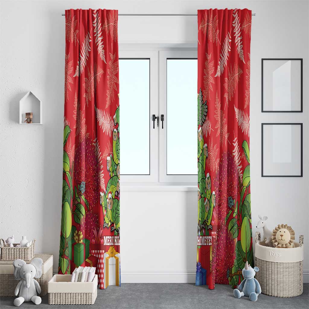 Kakapo New Zealand Christmas Window Curtain Meri Kirihimete Pohutukawa - Red Color