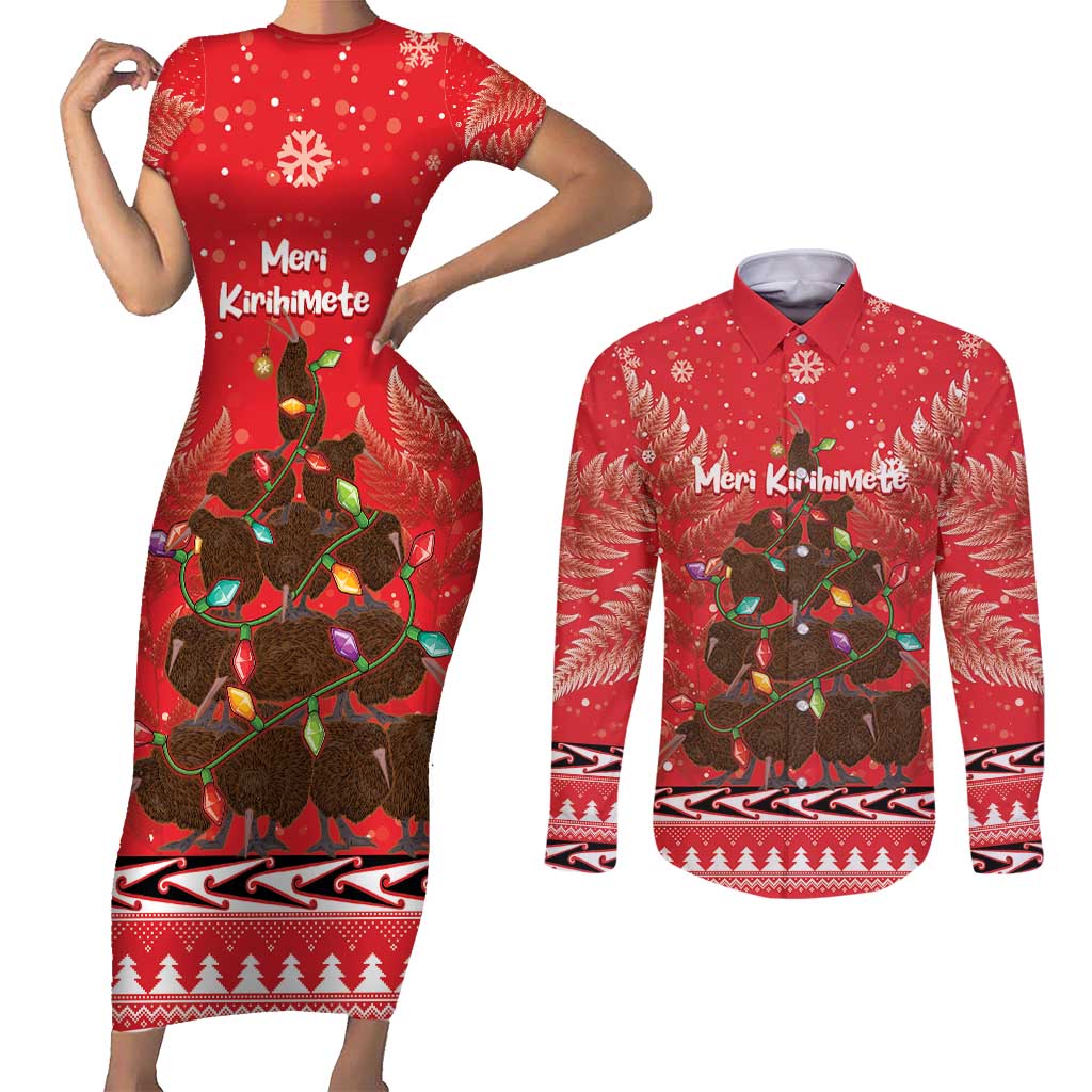Kiwi New Zealand Christmas Couples Matching Short Sleeve Bodycon Dress and Long Sleeve Button Shirt Meri Kirihimete Silver Fern - Red Color LT14 Red - Polynesian Pride