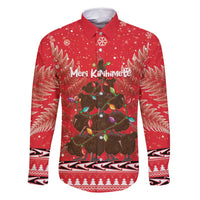 Kiwi New Zealand Christmas Family Matching Mermaid Dress and Hawaiian Shirt Meri Kirihimete Silver Fern - Red Color LT14 Dad's Shirt - Long Sleeve Red - Polynesian Pride