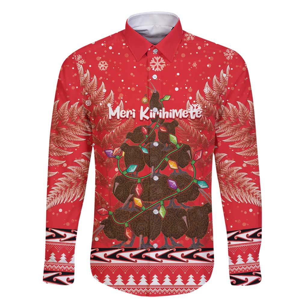 Kiwi New Zealand Christmas Family Matching Tank Maxi Dress and Hawaiian Shirt Meri Kirihimete Silver Fern - Red Color LT14 Dad's Shirt - Long Sleeve Red - Polynesian Pride