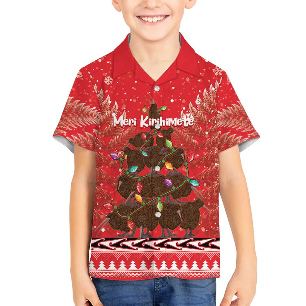 Kiwi New Zealand Christmas Family Matching Tank Maxi Dress and Hawaiian Shirt Meri Kirihimete Silver Fern - Red Color LT14 Son's Shirt Red - Polynesian Pride