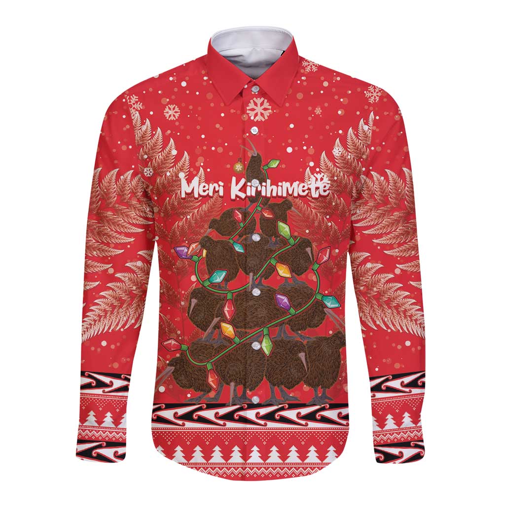 Kiwi New Zealand Christmas Long Sleeve Button Shirt Meri Kirihimete Silver Fern - Red Color