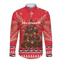 Kiwi New Zealand Christmas Long Sleeve Button Shirt Meri Kirihimete Silver Fern - Red Color