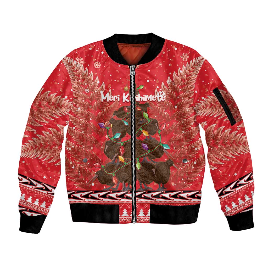 Kiwi New Zealand Christmas Sleeve Zip Bomber Jacket Meri Kirihimete Silver Fern - Red Color LT14 Unisex Red - Polynesian Pride