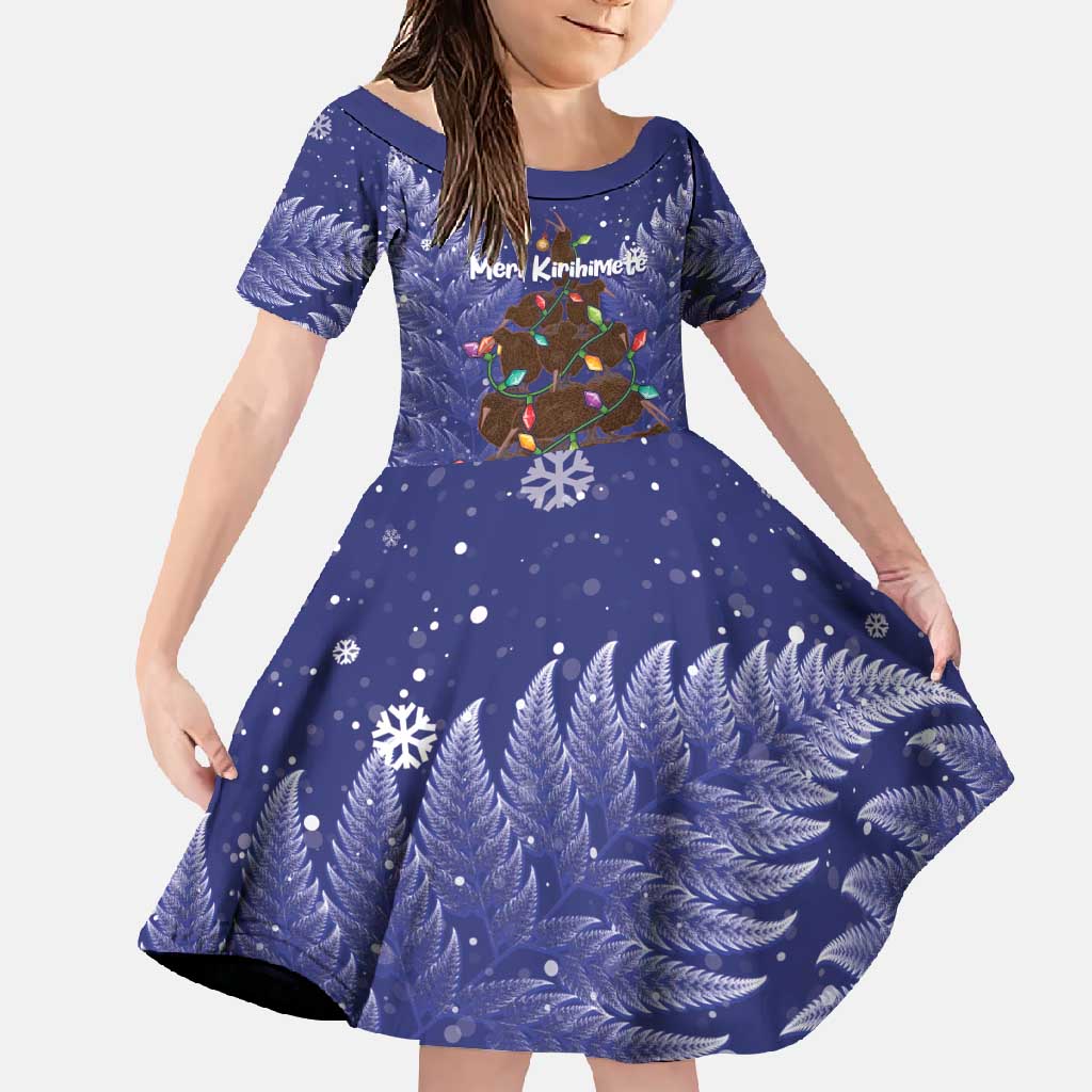 Kiwi New Zealand Christmas Family Matching Mermaid Dress and Hawaiian Shirt Meri Kirihimete Silver Fern - Blue Color LT14 Daughter's Dress Blue - Polynesian Pride