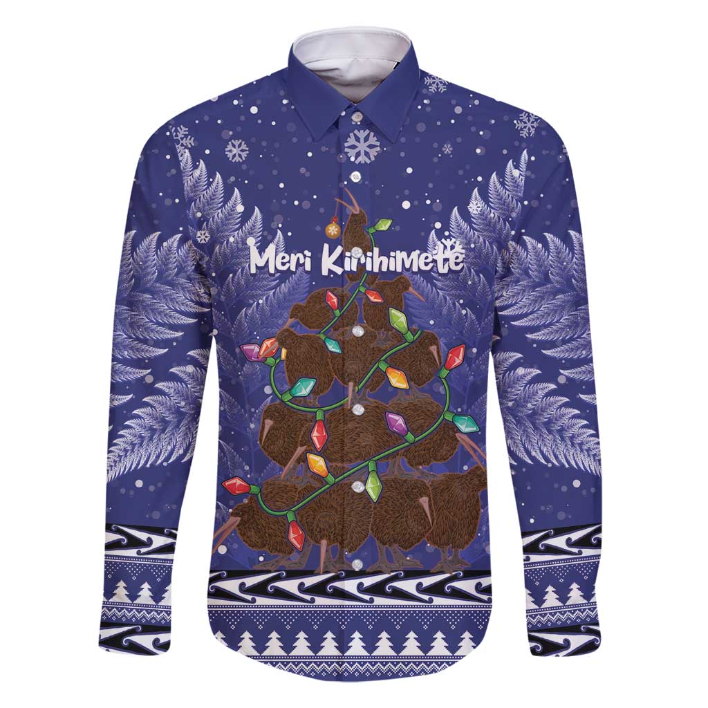 Kiwi New Zealand Christmas Family Matching Mermaid Dress and Hawaiian Shirt Meri Kirihimete Silver Fern - Blue Color LT14 Dad's Shirt - Long Sleeve Blue - Polynesian Pride
