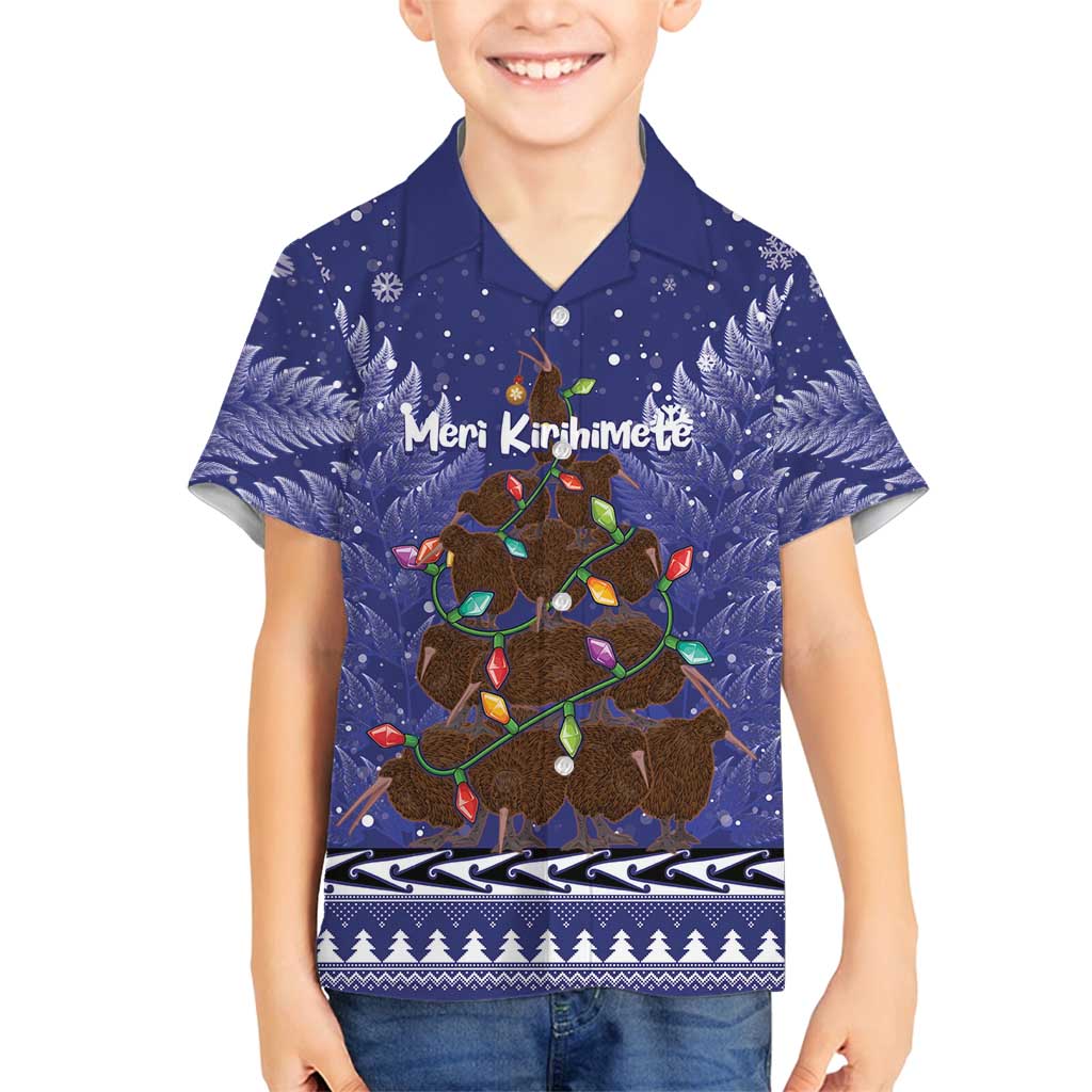 Kiwi New Zealand Christmas Family Matching Tank Maxi Dress and Hawaiian Shirt Meri Kirihimete Silver Fern - Blue Color LT14 Son's Shirt Blue - Polynesian Pride