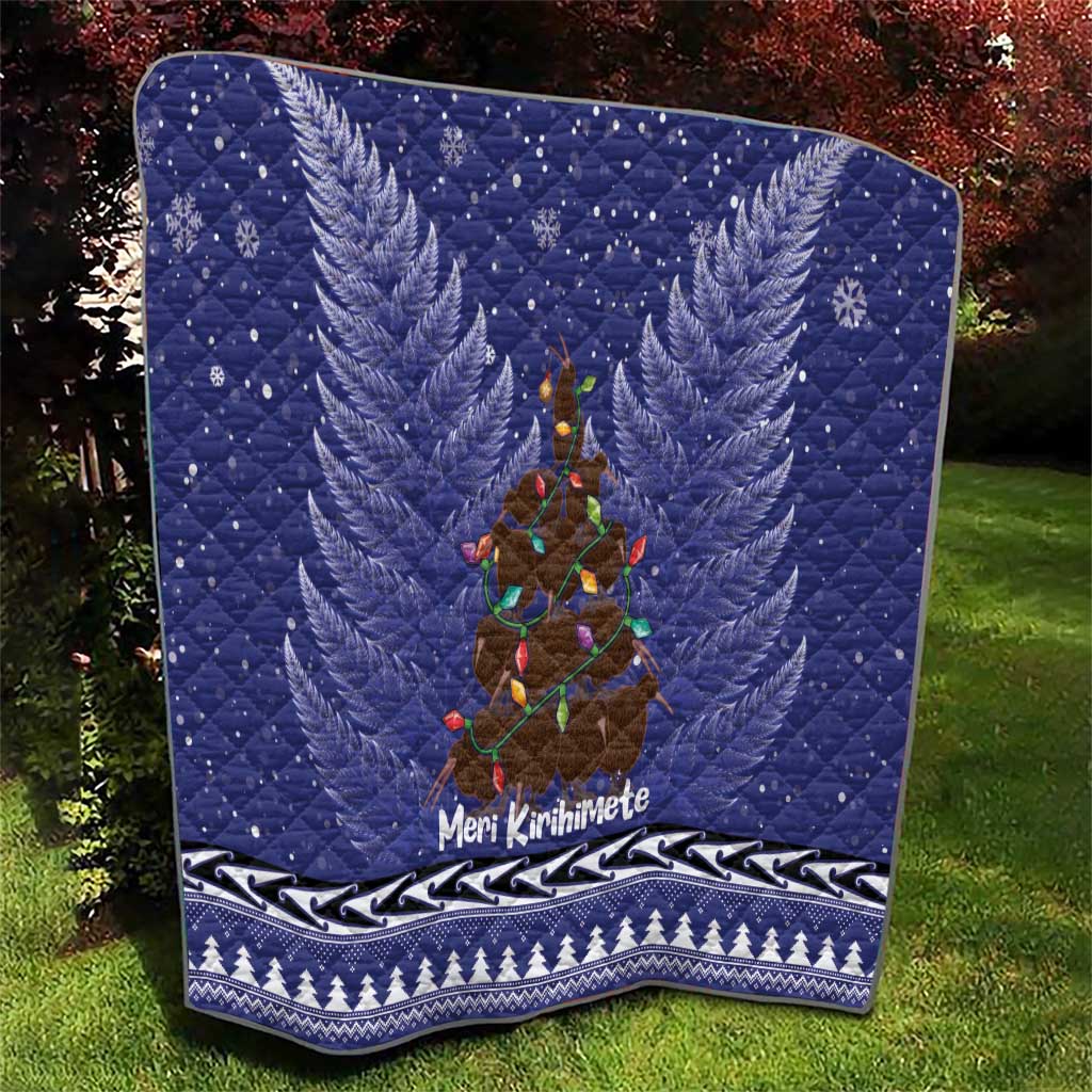 Kiwi New Zealand Christmas Quilt Meri Kirihimete Silver Fern - Blue Color