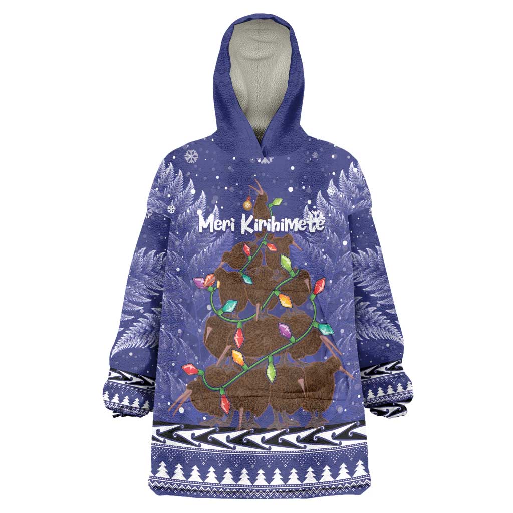 Kiwi New Zealand Christmas Wearable Blanket Hoodie Meri Kirihimete Silver Fern - Blue Color LT14 One Size Blue - Polynesian Pride
