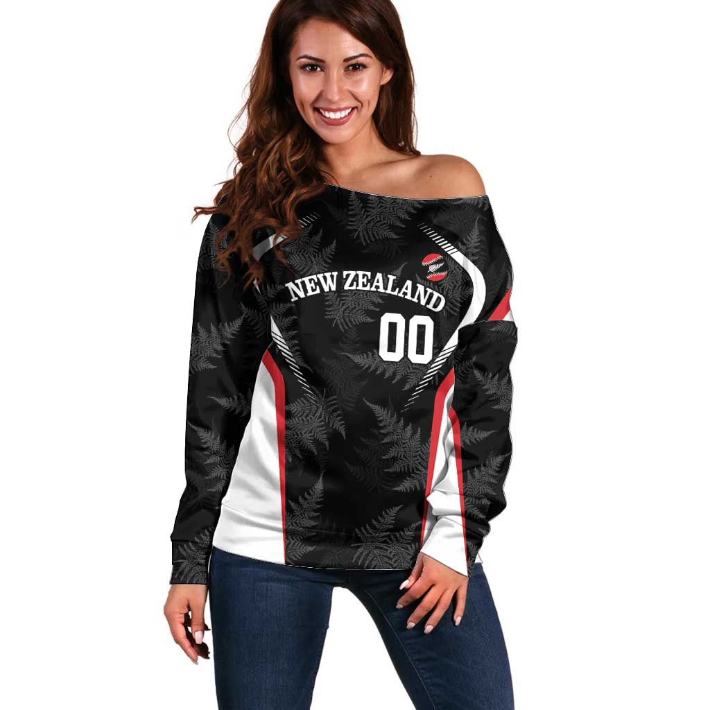 Custom New Zealand Silver Fern Softball Off Shoulder Sweater Go Aotearoa LT14 Women Black - Polynesian Pride