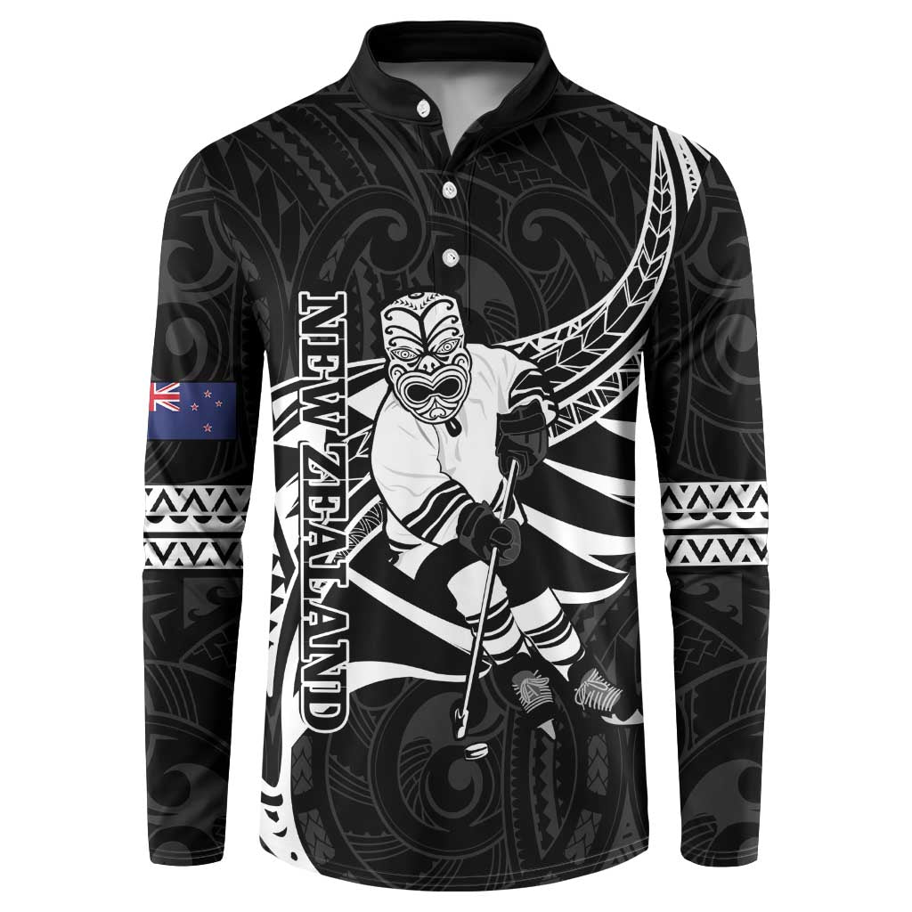 Custom Aotearoa Ice Hockey Button Sweatshirt NZ Tiki Mascot - Maori Pattern