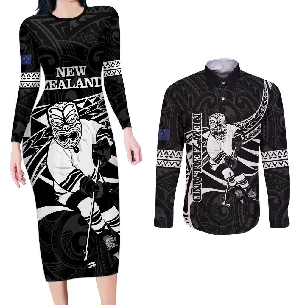 Custom Aotearoa Ice Hockey Couples Matching Long Sleeve Bodycon Dress and Long Sleeve Button Shirt NZ Tiki Mascot - Maori Pattern LT14 Black - Polynesian Pride