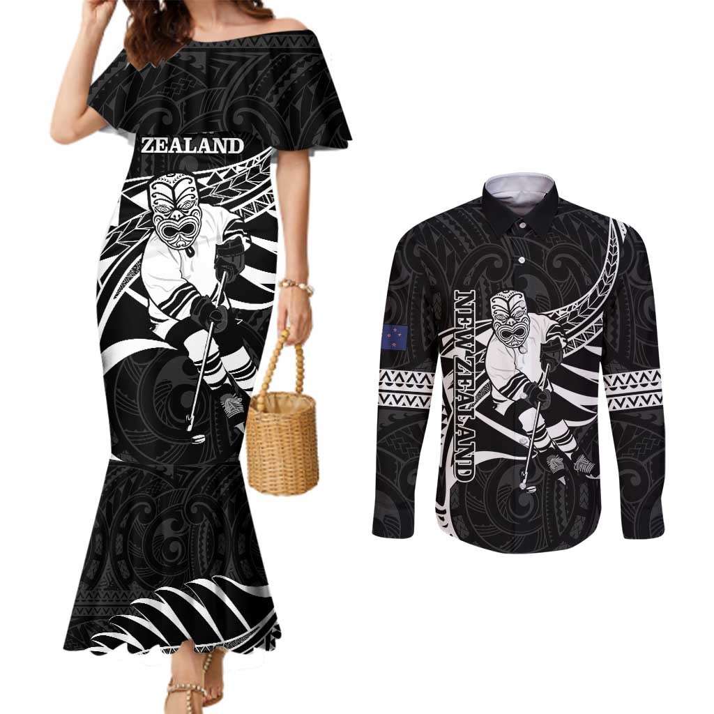 Custom Aotearoa Ice Hockey Couples Matching Mermaid Dress and Long Sleeve Button Shirt NZ Tiki Mascot - Maori Pattern LT14 Black - Polynesian Pride