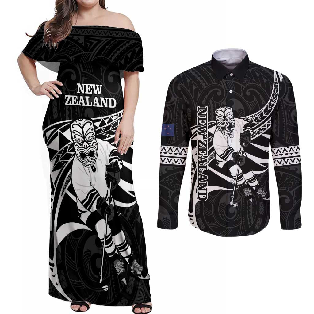 Custom Aotearoa Ice Hockey Couples Matching Off Shoulder Maxi Dress and Long Sleeve Button Shirt NZ Tiki Mascot - Maori Pattern LT14 Black - Polynesian Pride