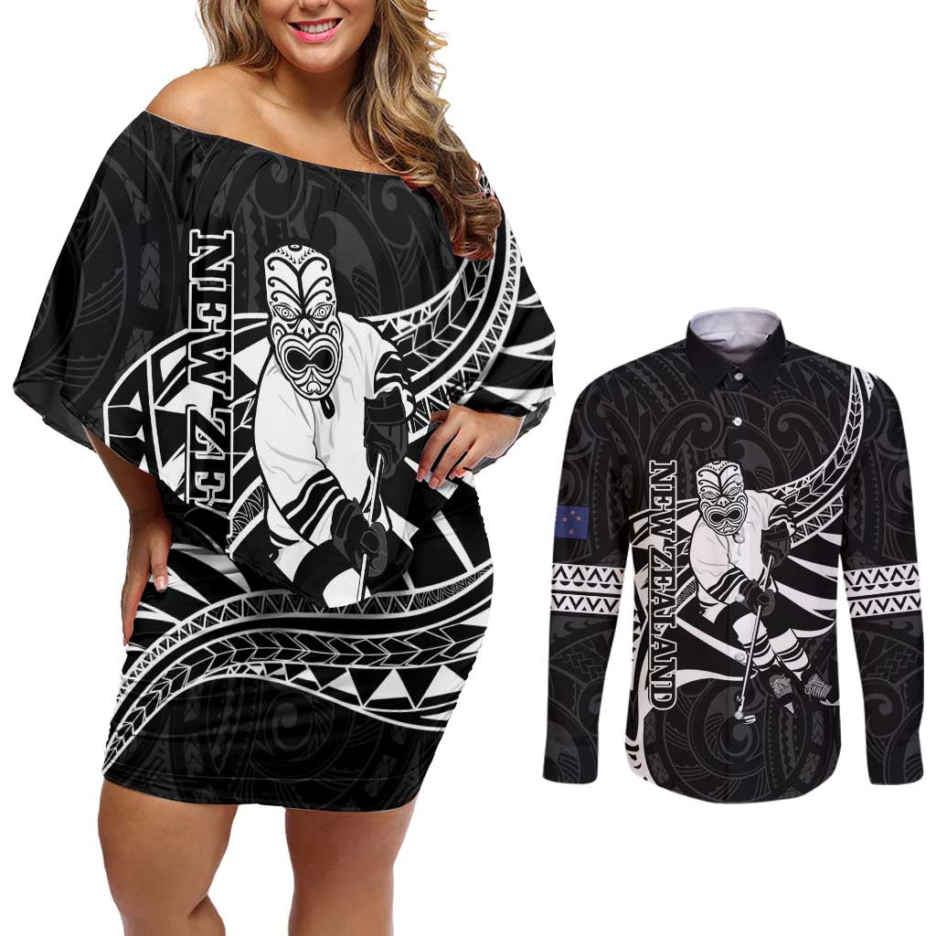 Custom Aotearoa Ice Hockey Couples Matching Off Shoulder Short Dress and Long Sleeve Button Shirt NZ Tiki Mascot - Maori Pattern LT14 Black - Polynesian Pride