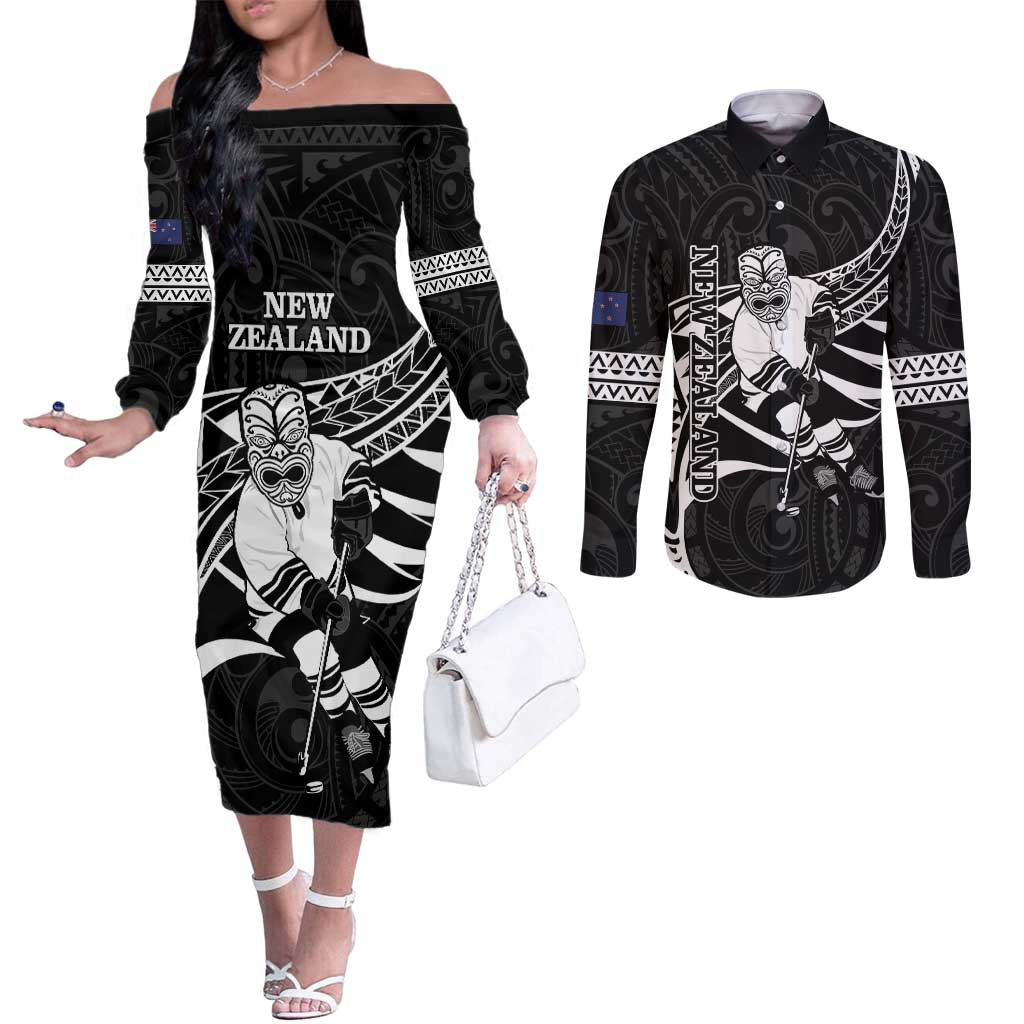 Custom Aotearoa Ice Hockey Couples Matching Off The Shoulder Long Sleeve Dress and Long Sleeve Button Shirt NZ Tiki Mascot - Maori Pattern LT14 Black - Polynesian Pride