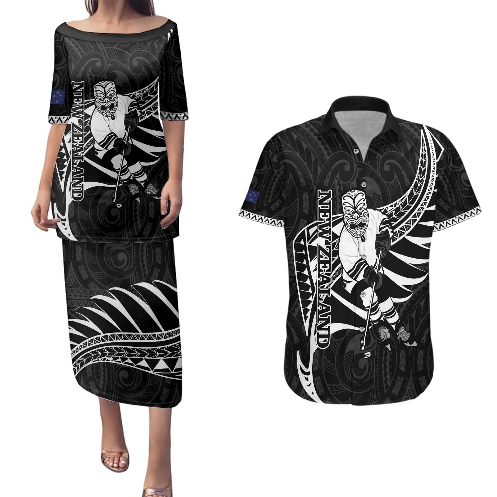 Custom Aotearoa Ice Hockey Couples Matching Puletasi and Hawaiian Shirt NZ Tiki Mascot - Maori Pattern