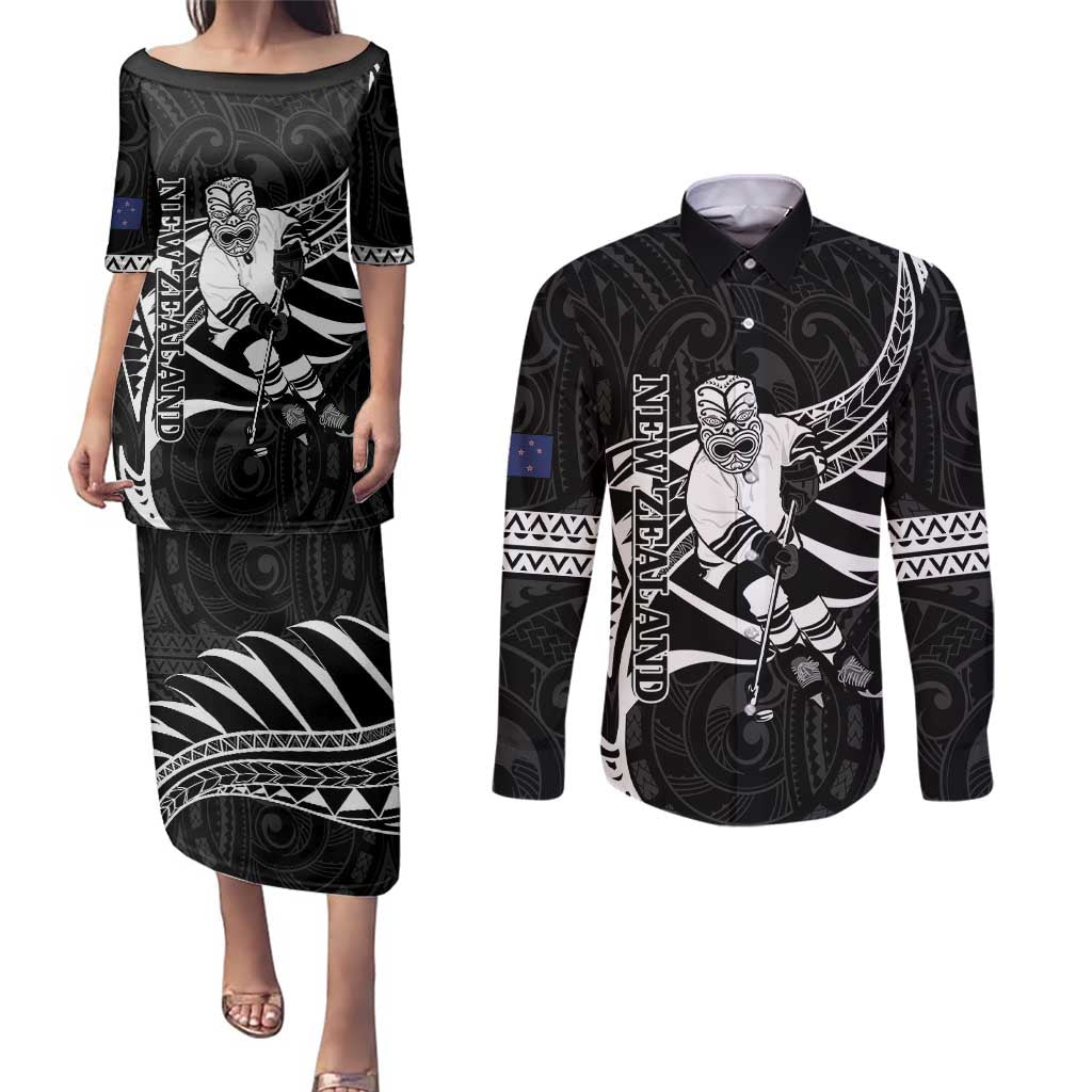 Custom Aotearoa Ice Hockey Couples Matching Puletasi and Long Sleeve Button Shirt NZ Tiki Mascot - Maori Pattern LT14 Black - Polynesian Pride