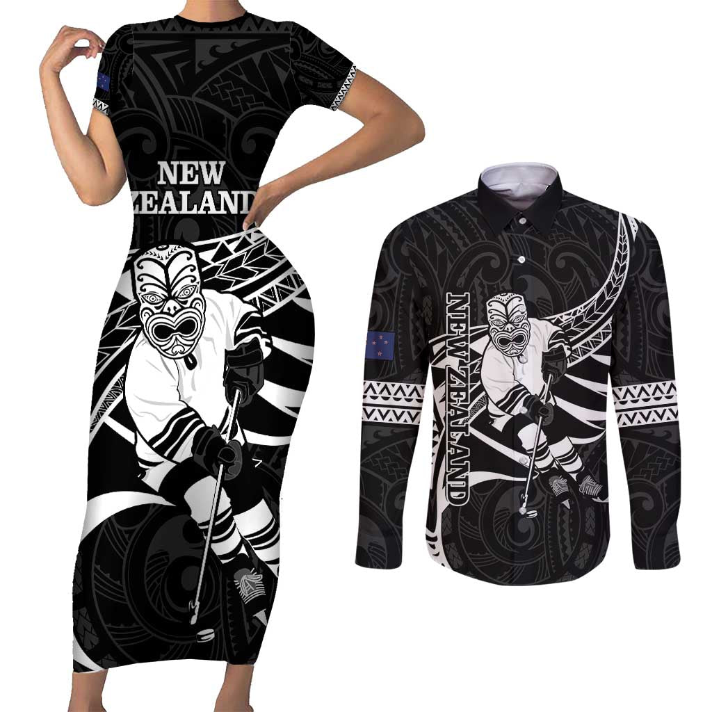 Custom Aotearoa Ice Hockey Couples Matching Short Sleeve Bodycon Dress and Long Sleeve Button Shirt NZ Tiki Mascot - Maori Pattern LT14 Black - Polynesian Pride