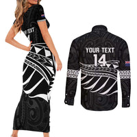 Custom Aotearoa Ice Hockey Couples Matching Short Sleeve Bodycon Dress and Long Sleeve Button Shirt NZ Tiki Mascot - Maori Pattern