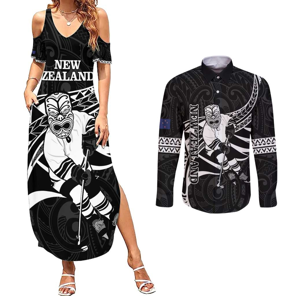 Custom Aotearoa Ice Hockey Couples Matching Summer Maxi Dress and Long Sleeve Button Shirt NZ Tiki Mascot - Maori Pattern LT14 Black - Polynesian Pride