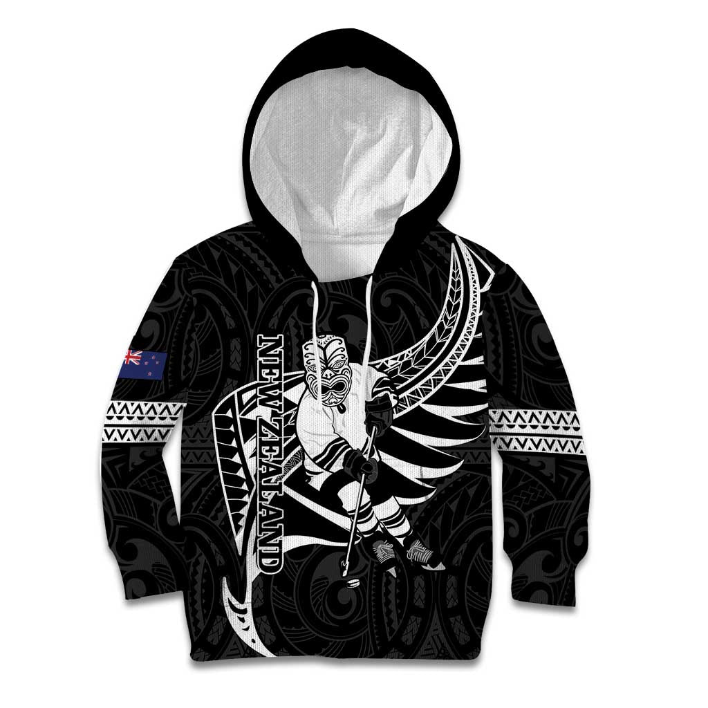 Custom Aotearoa Ice Hockey Kid Hoodie NZ Tiki Mascot - Maori Pattern LT14 Hoodie Black - Polynesian Pride
