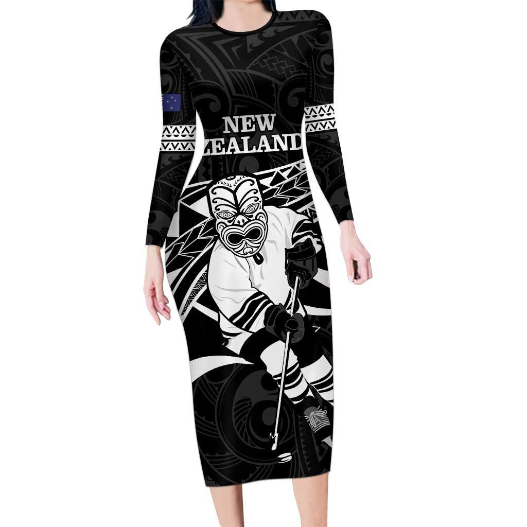 Custom Aotearoa Ice Hockey Long Sleeve Bodycon Dress NZ Tiki Mascot - Maori Pattern LT14 Long Dress Black - Polynesian Pride