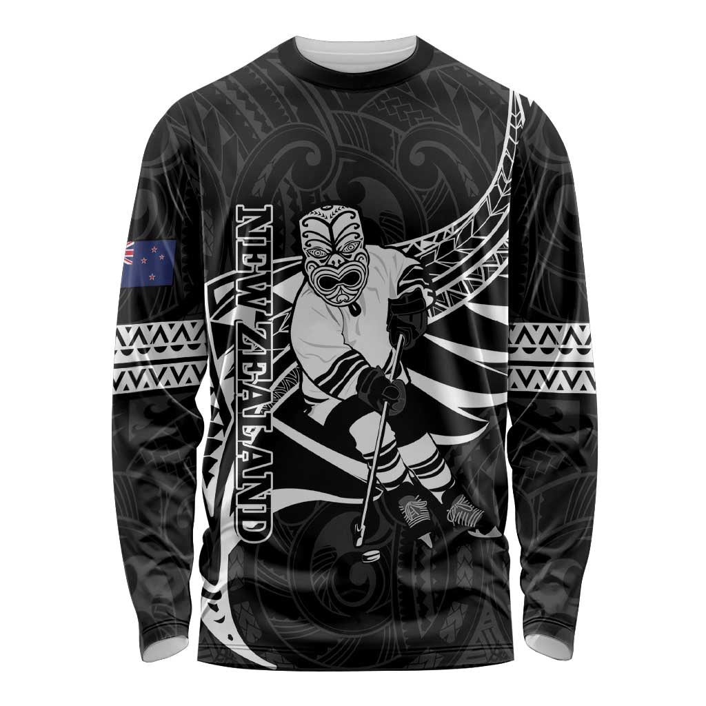 Custom Aotearoa Ice Hockey Long Sleeve Shirt NZ Tiki Mascot - Maori Pattern LT14 Unisex Black - Polynesian Pride