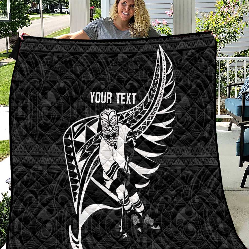Custom Aotearoa Ice Hockey Quilt NZ Tiki Mascot - Maori Pattern LT14 Black - Polynesian Pride