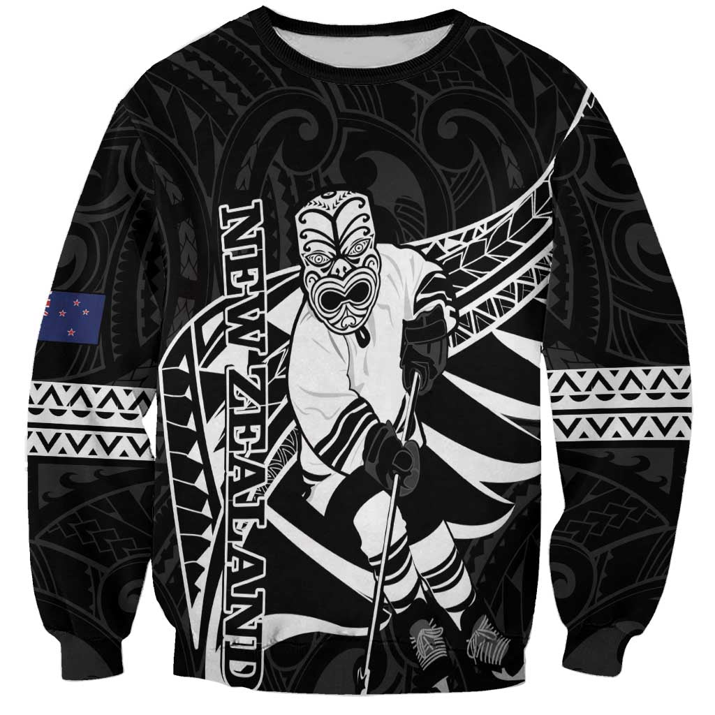 Custom Aotearoa Ice Hockey Sweatshirt NZ Tiki Mascot - Maori Pattern