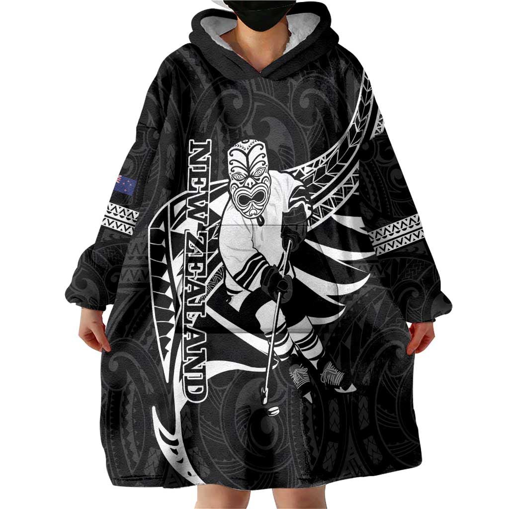 Custom Aotearoa Ice Hockey Wearable Blanket Hoodie NZ Tiki Mascot - Maori Pattern