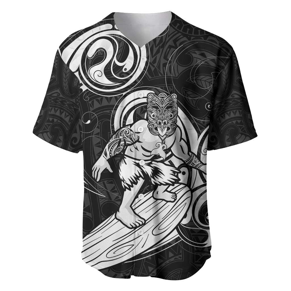 Personalised New Zealand Surfing Baseball Jersey Aotearoa Maori Tiki Haka LT14 Black - Polynesian Pride