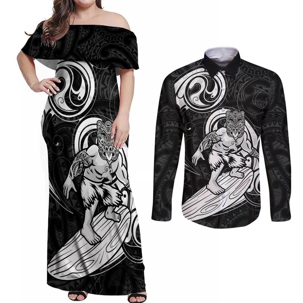 Personalised New Zealand Surfing Couples Matching Off Shoulder Maxi Dress and Long Sleeve Button Shirt Aotearoa Maori Tiki Haka LT14 Black - Polynesian Pride