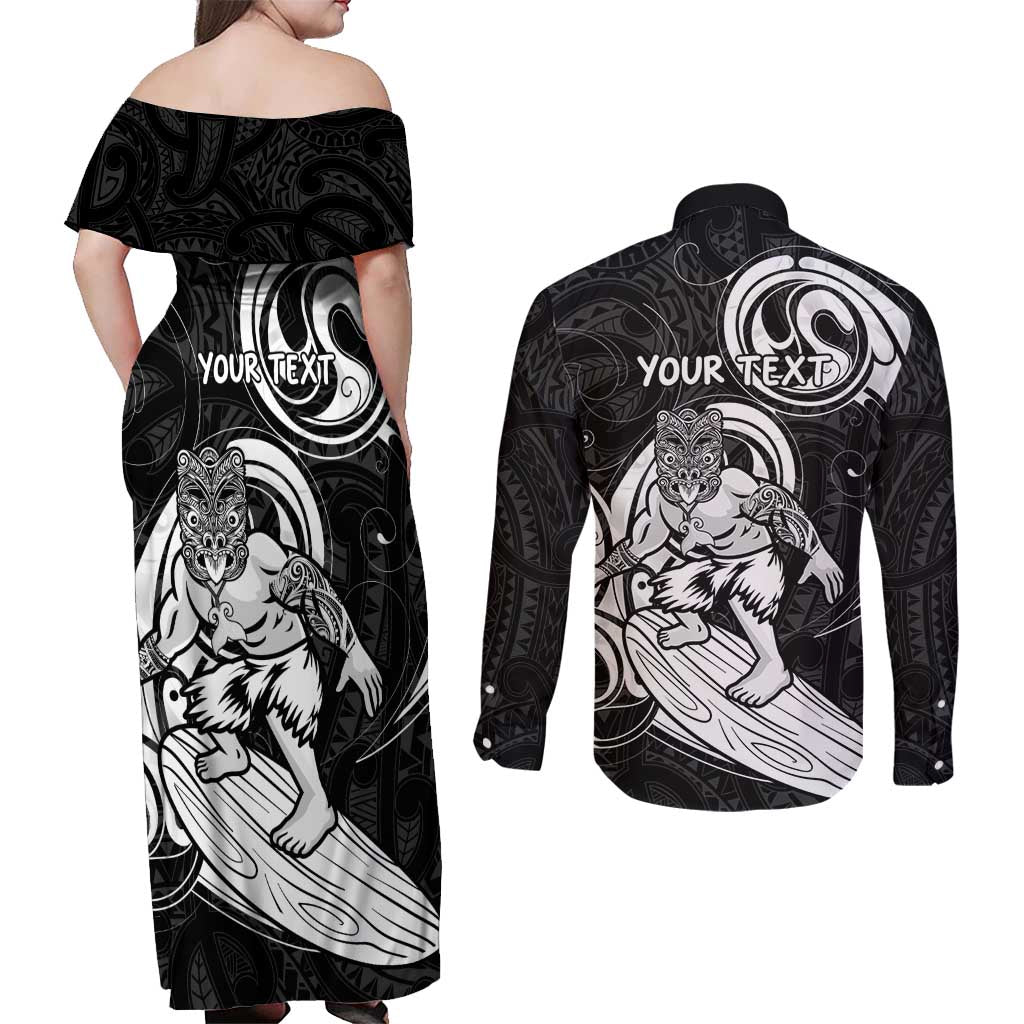 Personalised New Zealand Surfing Couples Matching Off Shoulder Maxi Dress and Long Sleeve Button Shirt Aotearoa Maori Tiki Haka