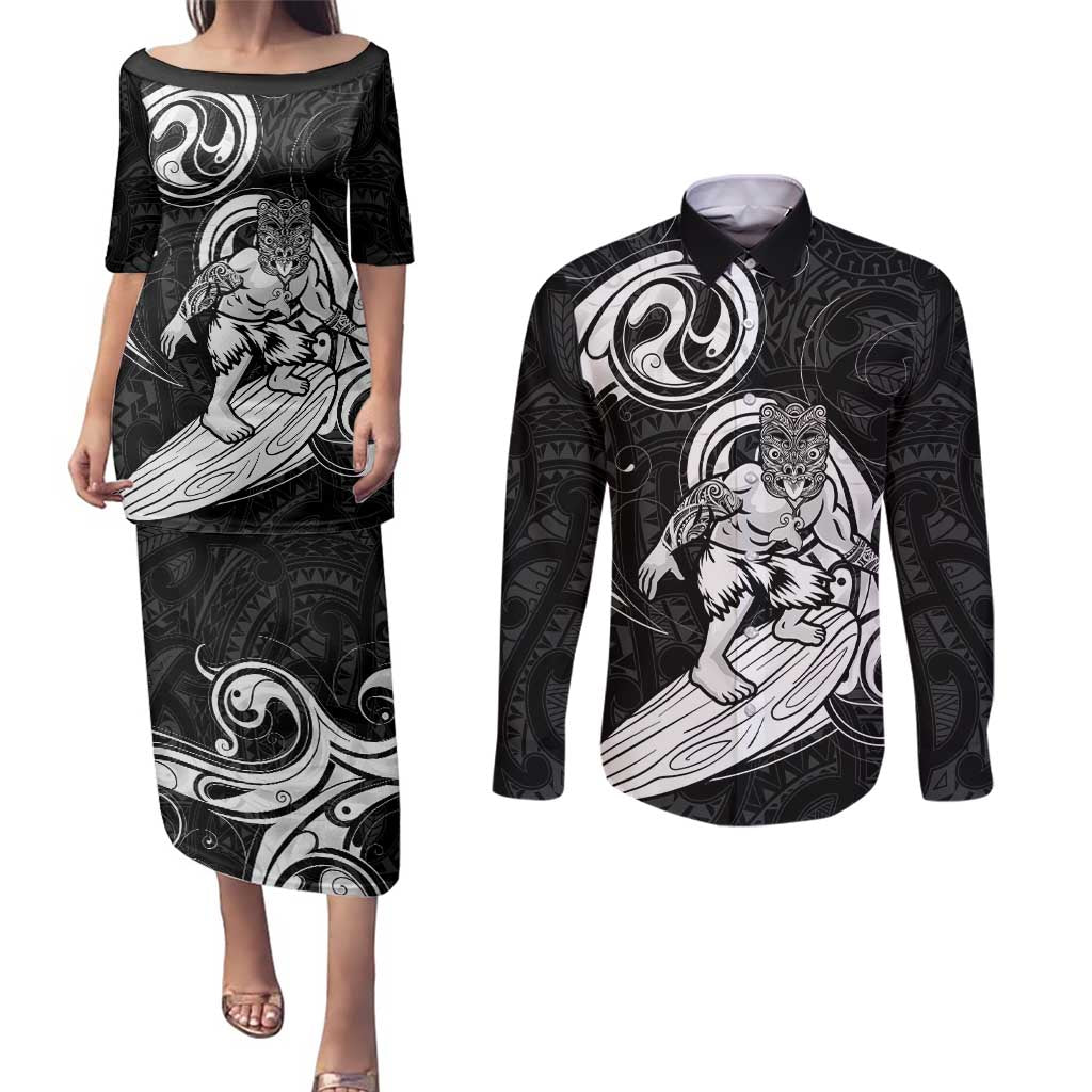 Personalised New Zealand Surfing Couples Matching Puletasi and Long Sleeve Button Shirt Aotearoa Maori Tiki Haka