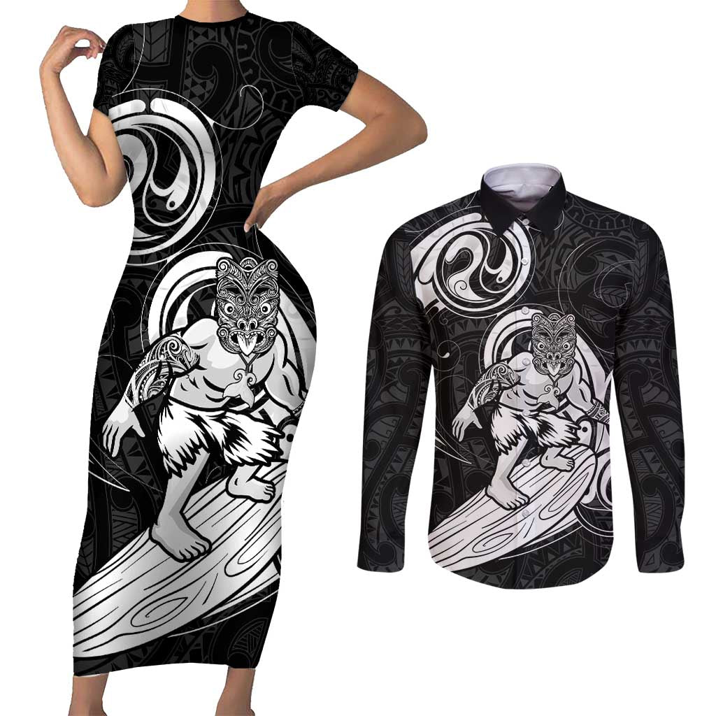 Personalised New Zealand Surfing Couples Matching Short Sleeve Bodycon Dress and Long Sleeve Button Shirt Aotearoa Maori Tiki Haka LT14 Black - Polynesian Pride