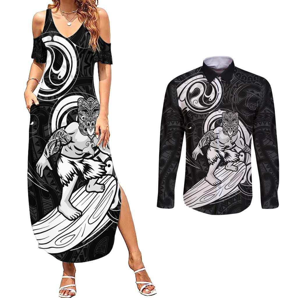 Personalised New Zealand Surfing Couples Matching Summer Maxi Dress and Long Sleeve Button Shirt Aotearoa Maori Tiki Haka