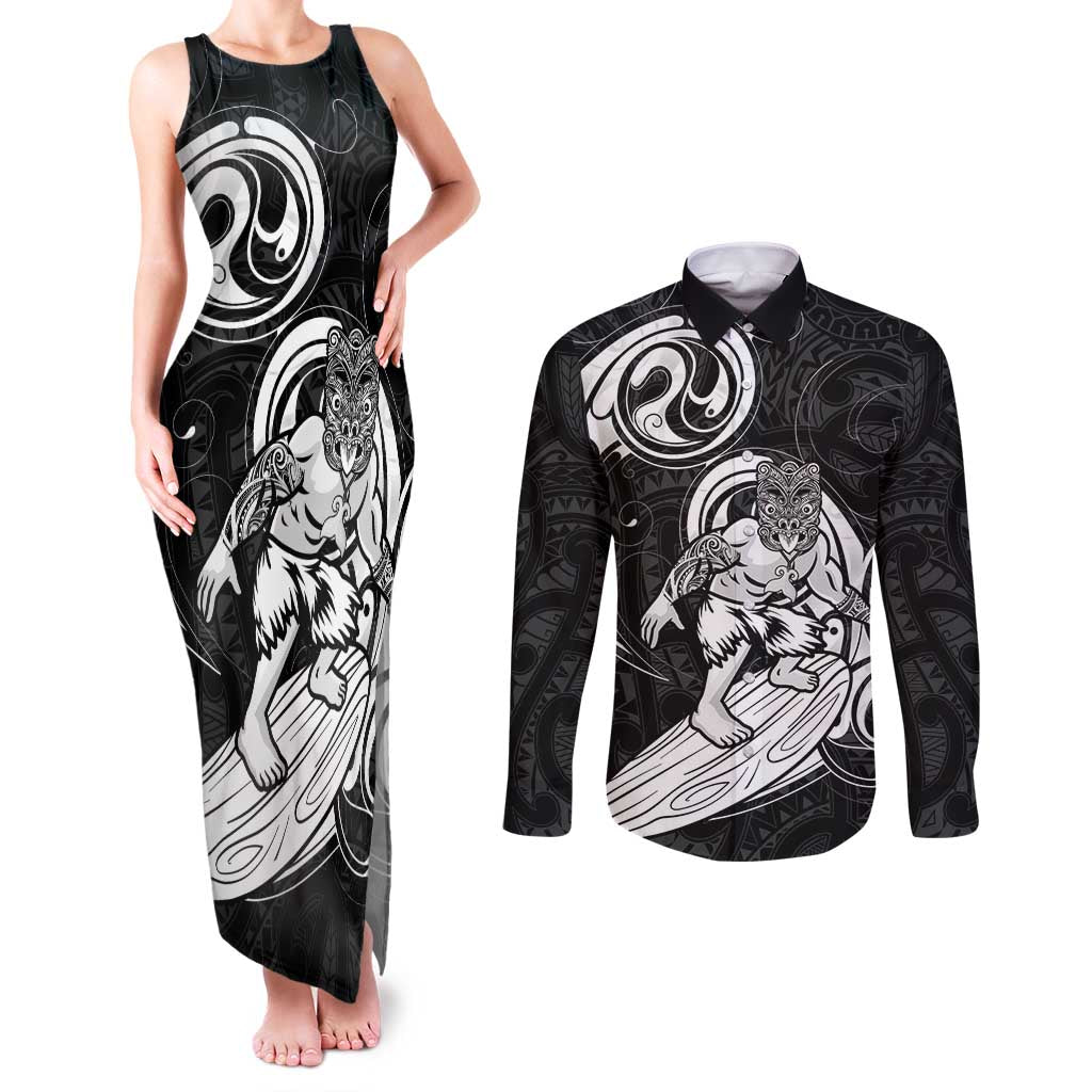 Personalised New Zealand Surfing Couples Matching Tank Maxi Dress and Long Sleeve Button Shirt Aotearoa Maori Tiki Haka LT14 Black - Polynesian Pride