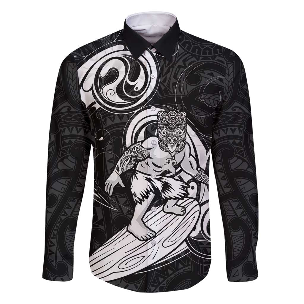 Personalised New Zealand Surfing Family Matching Tank Maxi Dress and Hawaiian Shirt Aotearoa Maori Tiki Haka LT14 Dad's Shirt - Long Sleeve Black - Polynesian Pride