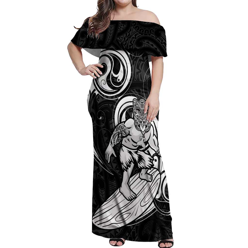 Personalised New Zealand Surfing Off Shoulder Maxi Dress Aotearoa Maori Tiki Haka