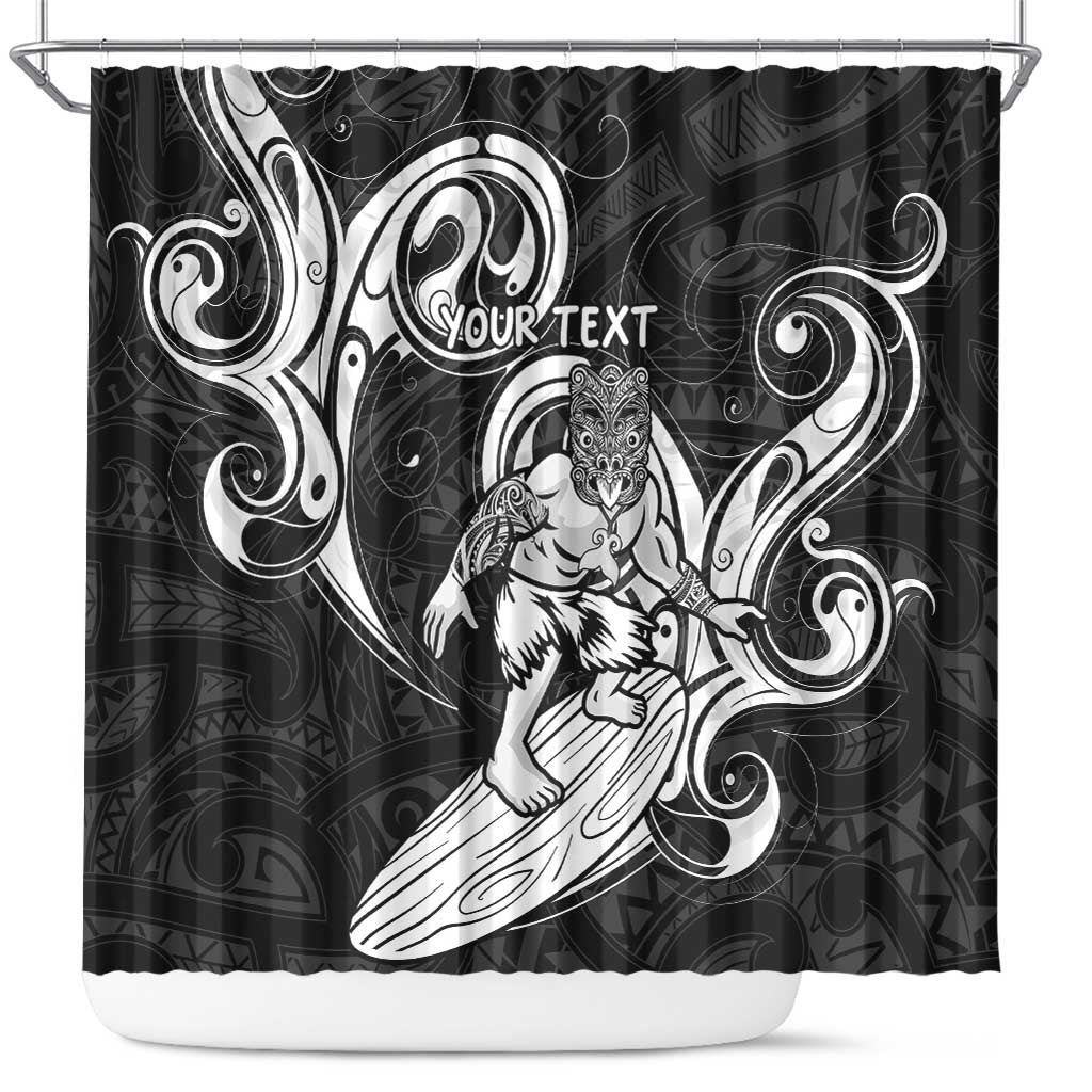 Personalised New Zealand Surfing Shower Curtain Aotearoa Maori Tiki Haka LT14 Black - Polynesian Pride