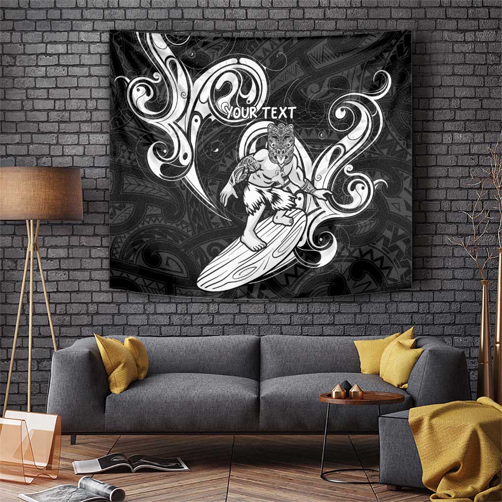 Personalised New Zealand Surfing Tapestry Aotearoa Maori Tiki Haka LT14 Black - Polynesian Pride
