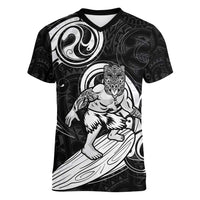 Personalised New Zealand Surfing Women V-Neck T-Shirt Aotearoa Maori Tiki Haka
