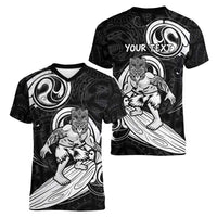 Personalised New Zealand Surfing Women V-Neck T-Shirt Aotearoa Maori Tiki Haka