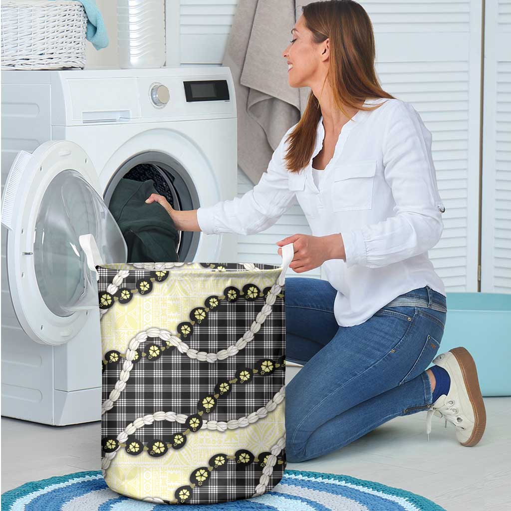 Black Palaka Hawaii Laundry Basket Kukui Nut Pikake Lei Hawaiian Tapa Pattern - Polynesian Pride