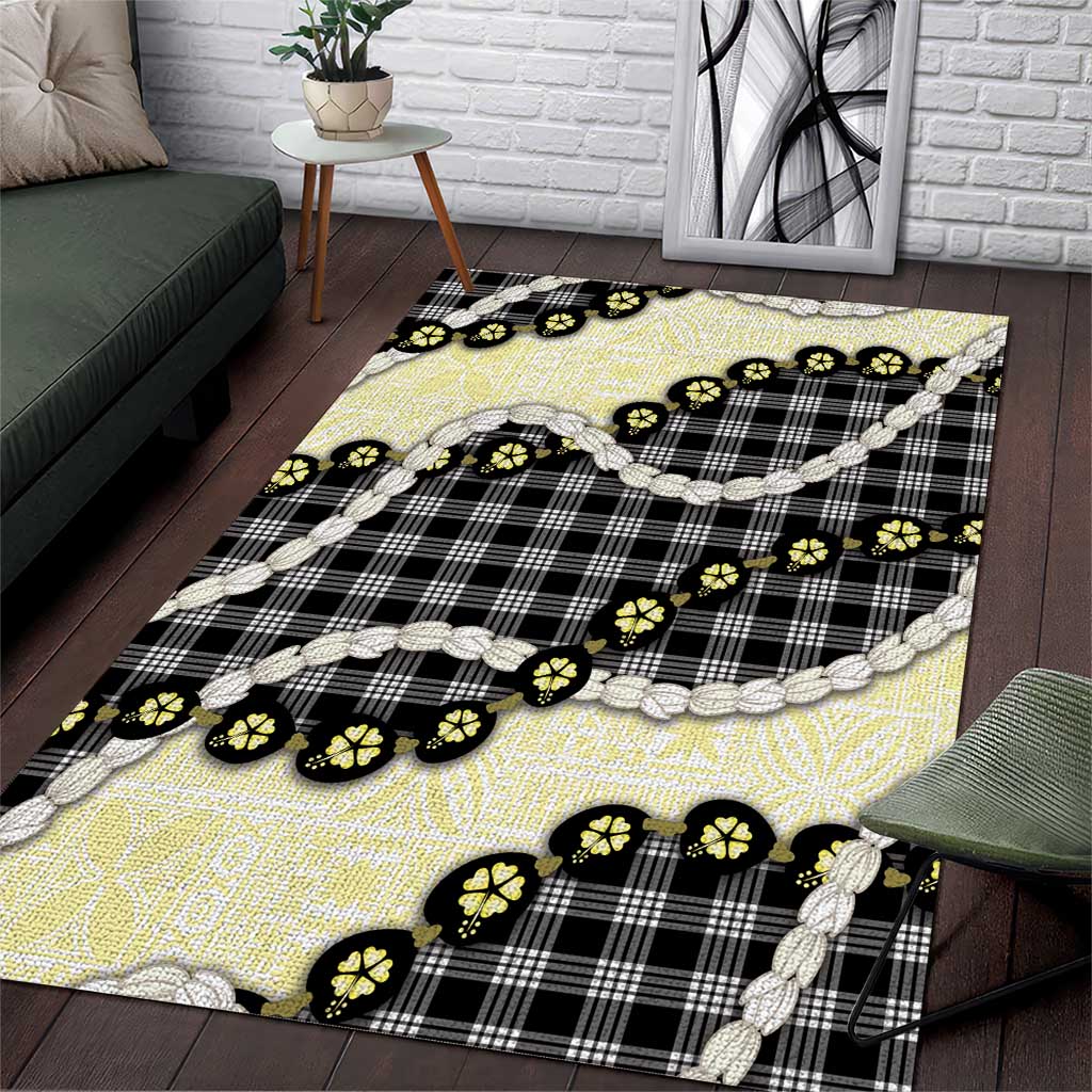 Black Palaka Hawaii Area Rug Kukui Nut Pikake Lei Hawaiian Tapa Pattern - Polynesian Pride