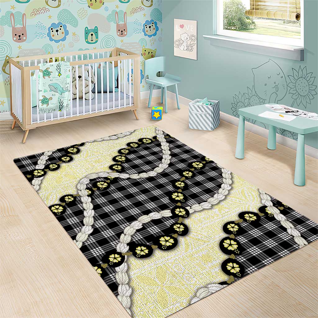 Black Palaka Hawaii Area Rug Kukui Nut Pikake Lei Hawaiian Tapa Pattern - Polynesian Pride