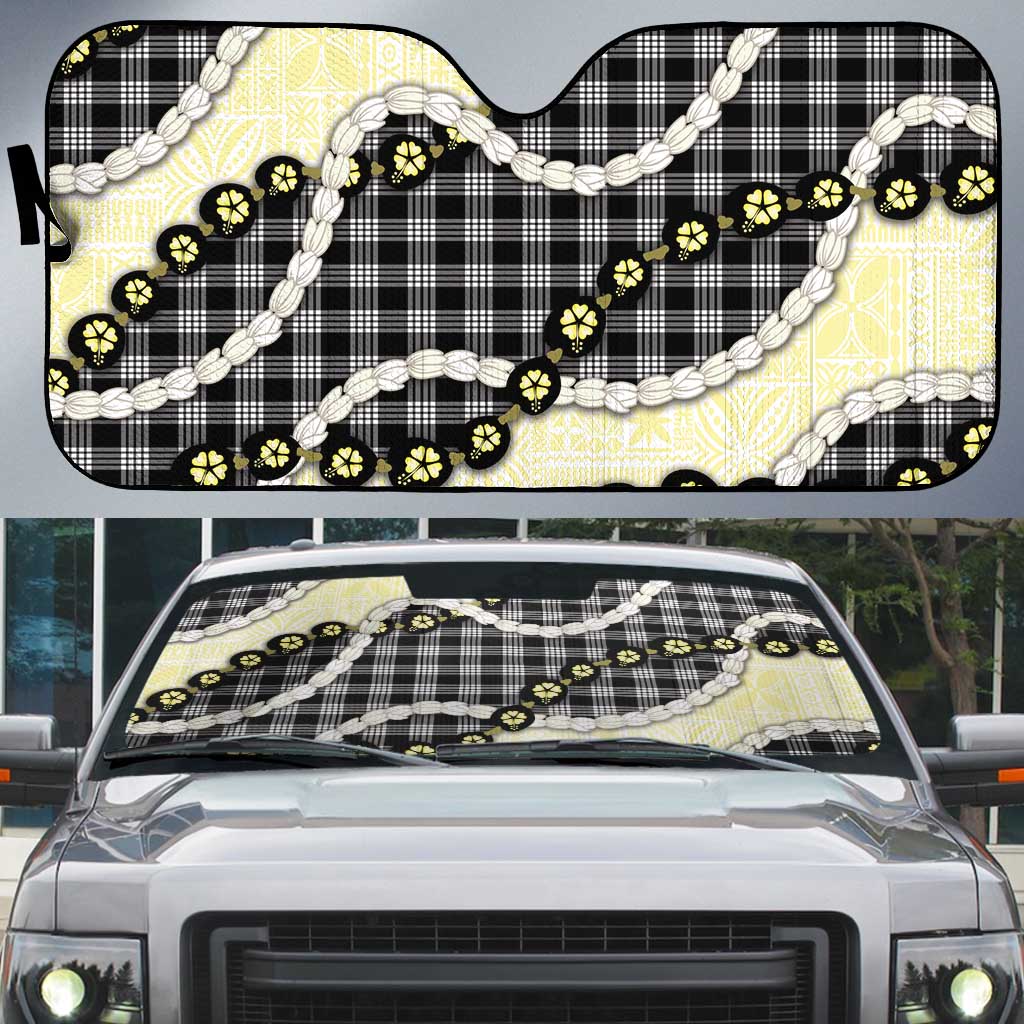 Black Palaka Hawaii Auto Sun Shade Kukui Nut Pikake Lei Hawaiian Tapa Pattern - Polynesian Pride