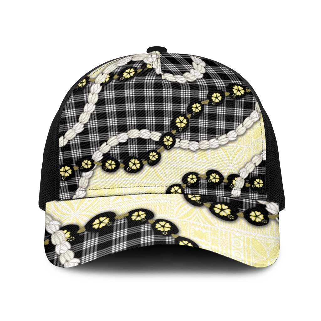 Black Palaka Hawaii Baseball Net Cap Kukui Nut Pikake Lei Hawaiian Tapa Pattern - Polynesian Pride